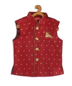 Boys VASTRAMAY SISHU Boy's Maroon & Gold Toned Woven Design Nehru Jacket