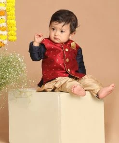 Boys VASTRAMAY SISHU Boy's Navy Blue Kurta With Rose Gold Dhoti Pants & Maroon Nehru Jacket