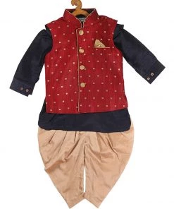 Boys VASTRAMAY SISHU Boy's Navy Blue Kurta With Rose Gold Dhoti Pants & Maroon Nehru Jacket