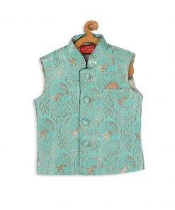 VASTRAMAY SISHU Boy's Green & Gold-Toned Woven Design Slim-Fit Nehru Jacket Boys
