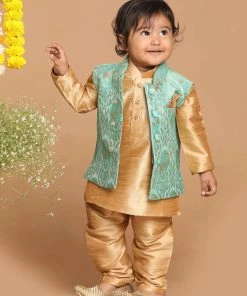 VASTRAMAY SISHU Boy's Rose Gold & Green Kurta Set With Nehru Jacket