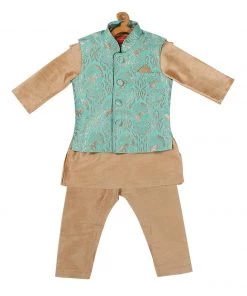VASTRAMAY SISHU Boy's Rose Gold & Green Kurta Set With Nehru Jacket