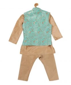 VASTRAMAY SISHU Boy's Rose Gold & Green Kurta Set With Nehru Jacket
