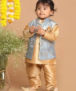 VASTRAMAY SISHU Boy's Rose Gold Kurta Set With Grey Nehru Jacket