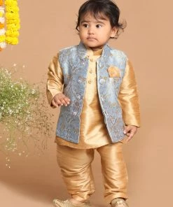 VASTRAMAY SISHU Boy's Rose Gold Kurta Set With Grey Nehru Jacket