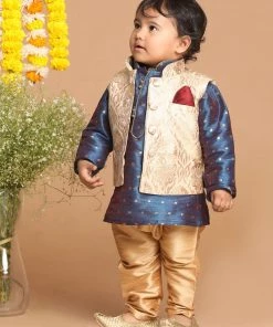Boys VASTRAMAY SISHU Boy's Blue Printed Kurta With Rose Gold Pyjamas & Nehru Jacket