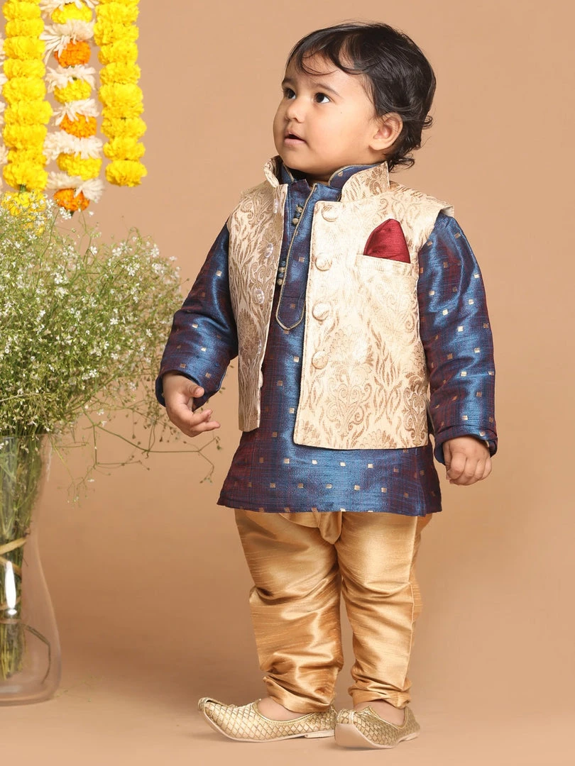 Boys VASTRAMAY SISHU Boy's Blue Printed Kurta With Rose Gold Pyjamas & Nehru Jacket 3 Boys VASTRAMAY SISHU Boy's Blue Printed Kurta With Rose Gold Pyjamas & Nehru Jacket