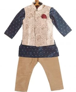 Boys VASTRAMAY SISHU Boy's Blue Printed Kurta With Rose Gold Pyjamas & Nehru Jacket