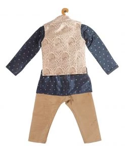 Boys VASTRAMAY SISHU Boy's Blue Printed Kurta With Rose Gold Pyjamas & Nehru Jacket 12 Boys VASTRAMAY SISHU Boy's Blue Printed Kurta With Rose Gold Pyjamas & Nehru Jacket