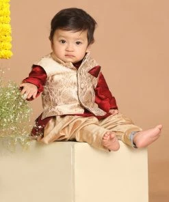 Boys VASTRAMAY SISHU Boy's Maroon Kurta With Rose Gold Dhoti Pants & Nehru Jacket
