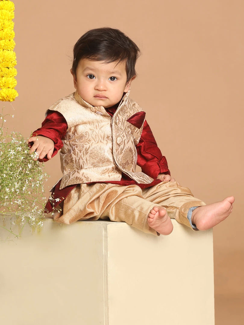 Boys VASTRAMAY SISHU Boy's Maroon Kurta With Rose Gold Dhoti Pants & Nehru Jacket 3 Boys VASTRAMAY SISHU Boy's Maroon Kurta With Rose Gold Dhoti Pants & Nehru Jacket