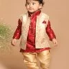 Boys VASTRAMAY SISHU Boy's Maroon Ethnic Motifs Woven Design Kurta With Rose Gold Pyjama And Jacket