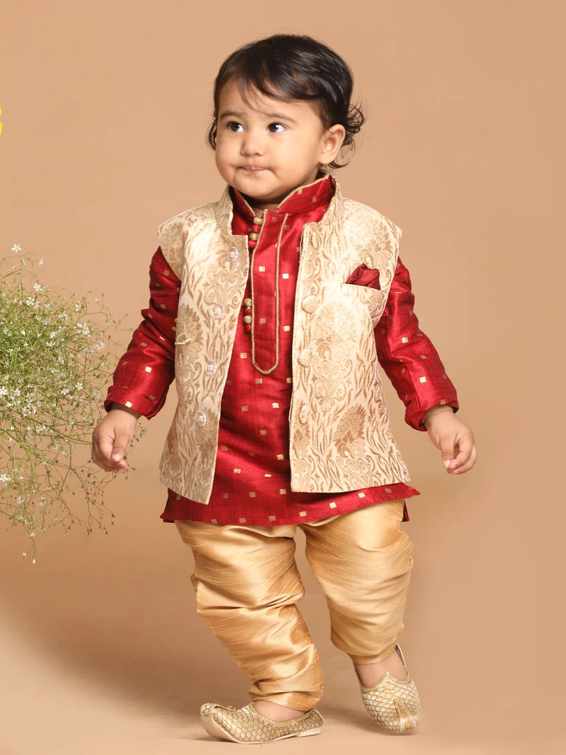 Boys VASTRAMAY SISHU Boy's Maroon Ethnic Motifs Woven Design Kurta With Rose Gold Pyjama And Jacket 3 Boys VASTRAMAY SISHU Boy's Maroon Ethnic Motifs Woven Design Kurta With Rose Gold Pyjama And Jacket