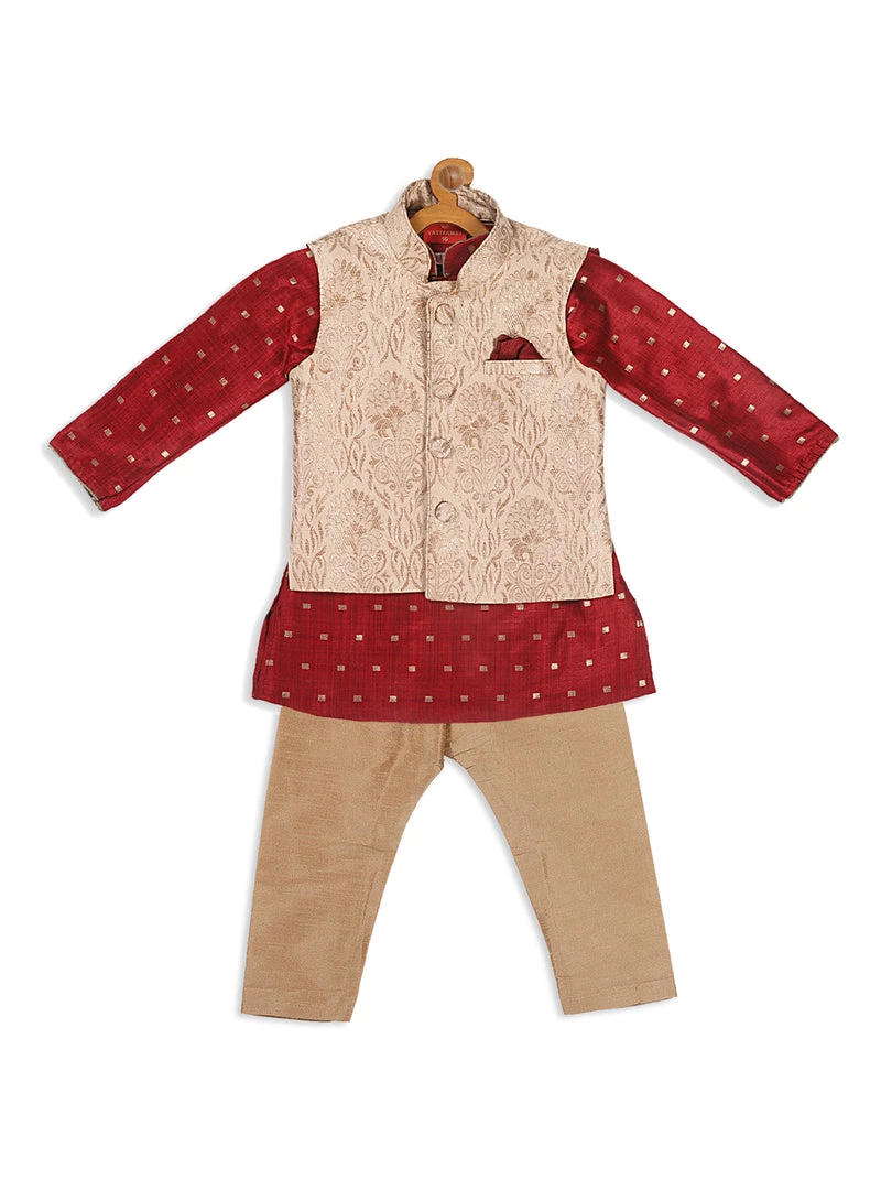 Boys VASTRAMAY SISHU Boy's Maroon Ethnic Motifs Woven Design Kurta With Rose Gold Pyjama And Jacket 4 Boys VASTRAMAY SISHU Boy's Maroon Ethnic Motifs Woven Design Kurta With Rose Gold Pyjama And Jacket