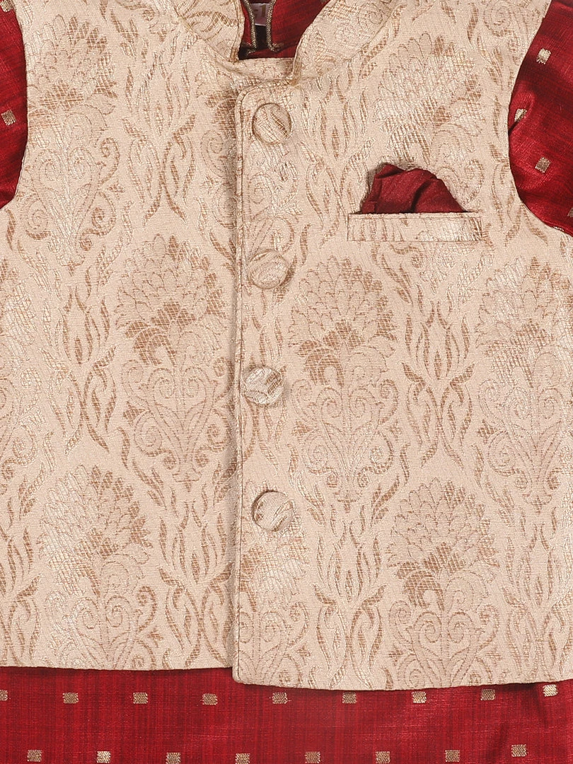 Boys VASTRAMAY SISHU Boy's Maroon Ethnic Motifs Woven Design Kurta With Rose Gold Pyjama And Jacket 6 Boys VASTRAMAY SISHU Boy's Maroon Ethnic Motifs Woven Design Kurta With Rose Gold Pyjama And Jacket