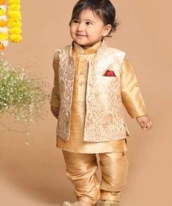 VASTRAMAY SISHU Boy's Rose Gold Printed Pyjama Set With Nehru Jacket