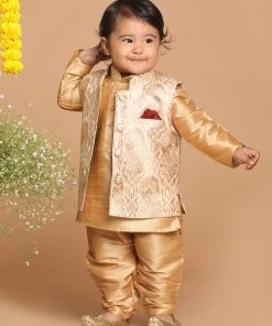 VASTRAMAY SISHU Boy's Rose Gold Printed Pyjama Set With Nehru Jacket