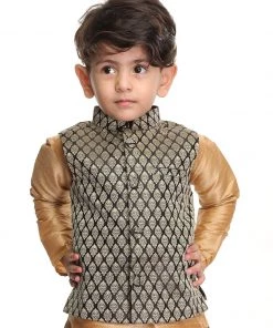 VASTRAMAY SISHU Infant Boy's Black And Gold Silk Blend Nehru Jacket Boys