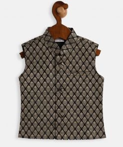 VASTRAMAY SISHU Infant Boy's Black And Gold Silk Blend Nehru Jacket Boys