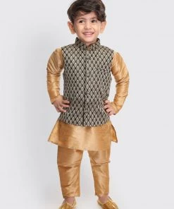VASTRAMAY SISHU Infant Boys Rose Gold Silk Blend Jacket, Kurta And Pyjama Set