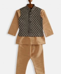VASTRAMAY SISHU Infant Boys Rose Gold Silk Blend Jacket, Kurta And Pyjama Set