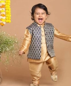 VASTRAMAY SISHU Infant Boy's Gold-Toned & Blue Kurta With Pyjamas & Nehru Jacket