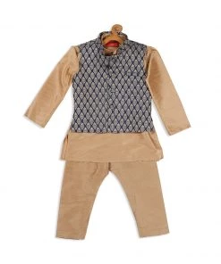 VASTRAMAY SISHU Infant Boy's Gold-Toned & Blue Kurta With Pyjamas & Nehru Jacket