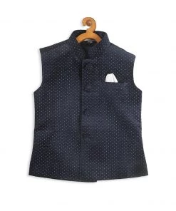 VASTRAMAY SISHU Vastramay Boys Navy Blue & White Printed Velvet Nehru Jacket