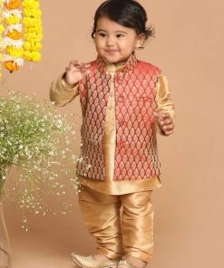 VASTRAMAY SISHU Boy's Rose Gold Ethnic Motifs Kurta With Churidar & With Dupatta Boys
