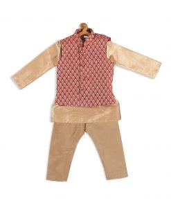VASTRAMAY SISHU Boy's Rose Gold Ethnic Motifs Kurta With Churidar & With Dupatta Boys