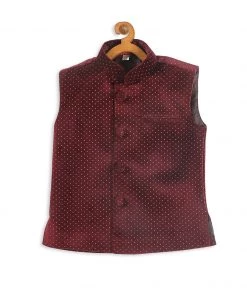 VASTRAMAY SISHU Boys Maroon Polka Dots Print Velvet Nehru Jacket