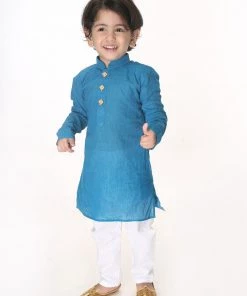 VASTRAMAY SISHU Infant Boys Aqua Blue And White Pure Cotton Kurta Pyjama Set