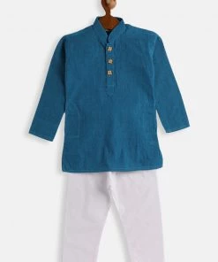 VASTRAMAY SISHU Infant Boys Aqua Blue And White Pure Cotton Kurta Pyjama Set