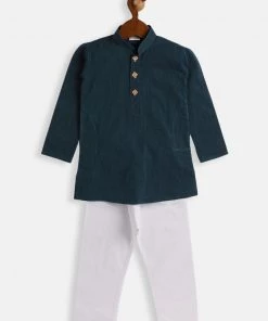 VASTRAMAY SISHU Infant Boys Blue And White Pure Cotton Kurta Pyjama Set