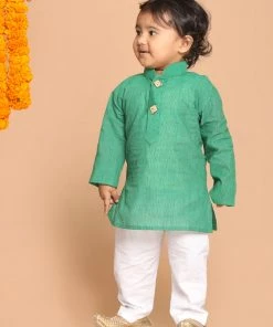 Boys VASTRAMAY SISHU Boy's Green Striped Pure Cotton Kurta With Pyjamas