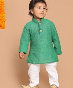 Boys VASTRAMAY SISHU Boy's Green Striped Pure Cotton Kurta With Pyjamas