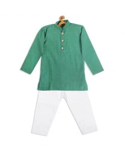 Boys VASTRAMAY SISHU Boy's Green Striped Pure Cotton Kurta With Pyjamas