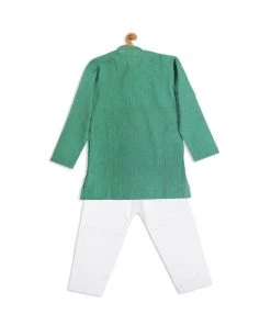 Boys VASTRAMAY SISHU Boy's Green Striped Pure Cotton Kurta With Pyjamas