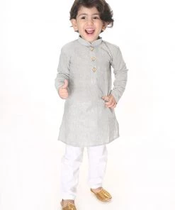 VASTRAMAY SISHU Infant Boys Grey And White Pure Cotton Kurta Pyjama Set