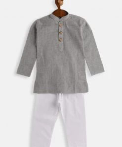 VASTRAMAY SISHU Infant Boys Grey And White Pure Cotton Kurta Pyjama Set