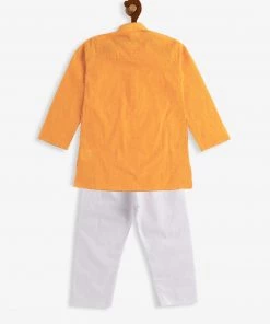 VASTRAMAY SISHU Infant Boys Yellow And White Pure Cotton Kurta Pyjama Set