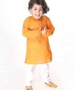 VASTRAMAY SISHU Infant Boys Yellow And White Pure Cotton Kurta Pyjama Set