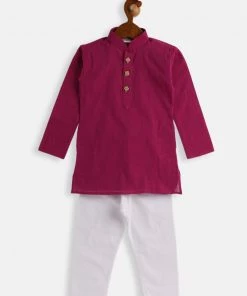 VASTRAMAY SISHU Infant Boys Purple And White Pure Cotton Kurta Pyjama Set