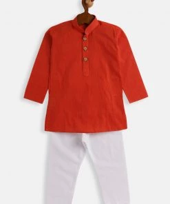 VASTRAMAY SISHU Infant Boys Red And White Pure Cotton Kurta Pyjama Set