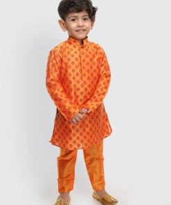 VASTRAMAY SISHU Infant Boys Orange Cotton Blend Kurta Pyjama Set