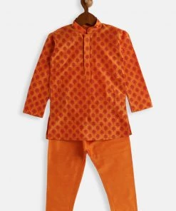 VASTRAMAY SISHU Infant Boys Orange Cotton Blend Kurta Pyjama Set
