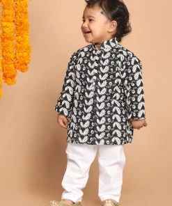 Boys VASTRAMAY SISHU Boy's Black Floral Chikankari Pure Cotton Kurta With Pyjama