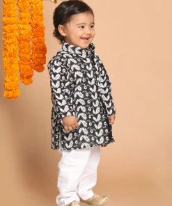 Boys VASTRAMAY SISHU Boy's Black Floral Chikankari Pure Cotton Kurta With Pyjama