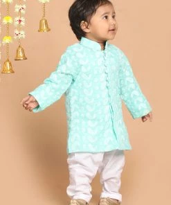 Boys VASTRAMAY SISHU Boy's Green Floral Chikankari Pure Cotton Kurta With Pyjama