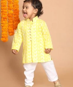 Boys VASTRAMAY SISHU Boy's Mustard Floral Chikankari Pure Cotton Kurta With Pyjama